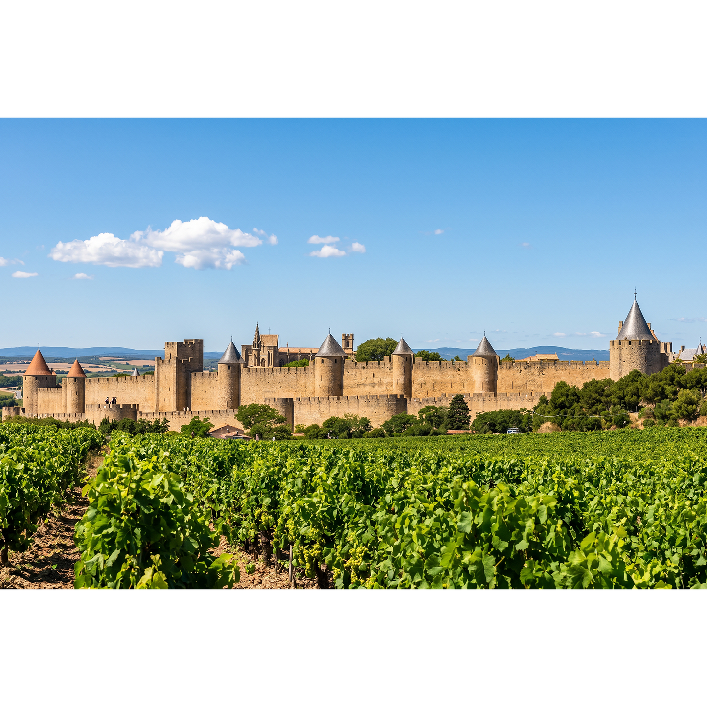 Carcassonne, Panoramic View of Carcassonne Fortress Overlooking Lush Vineyards