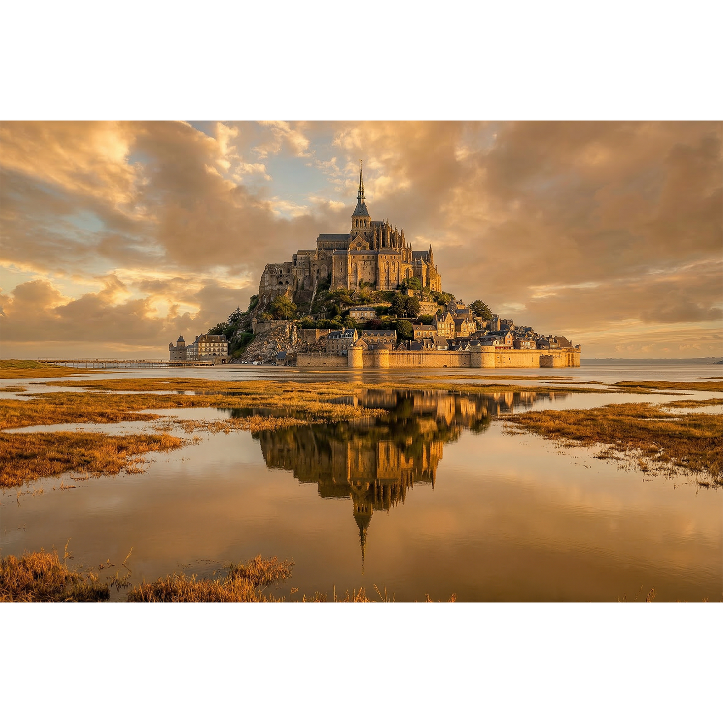 Mount Saint-Michel - Majestic Abbey Reflected in Golden Tidal Flats