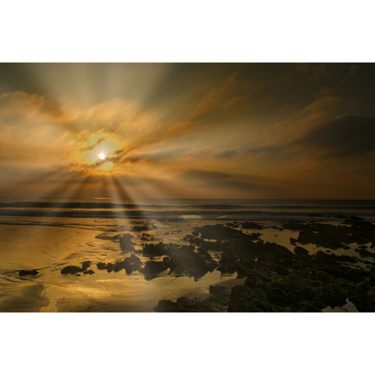 Brittany Beach, Dramatic Rays Over a Rocky Beach at Sunset