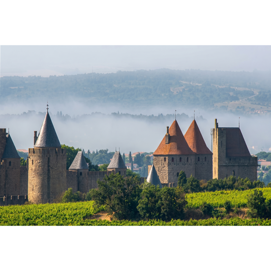 Carcassonne, Medieval Fortress Rising Above a Misty Vineyard Valley