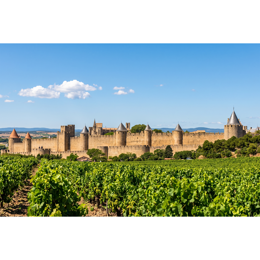 Carcassonne, Panoramic View of Carcassonne Fortress Overlooking Lush Vineyards
