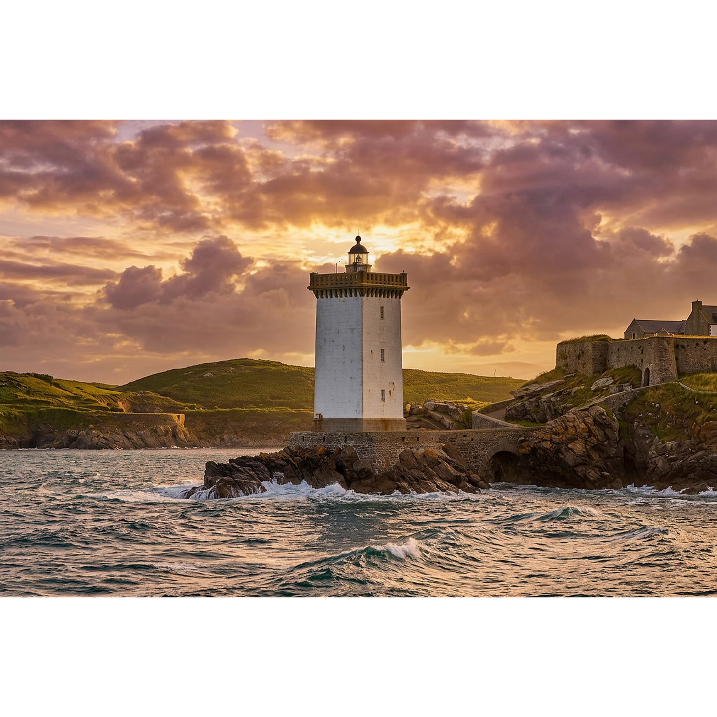 Kermorvan Lighthouse at Sunset over the Rugged Breton Coast